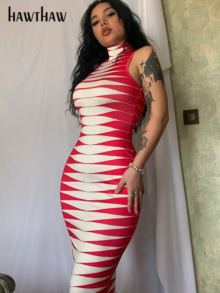 Sleeveless Striped Printed Bodycon Pencil Maxi Dress