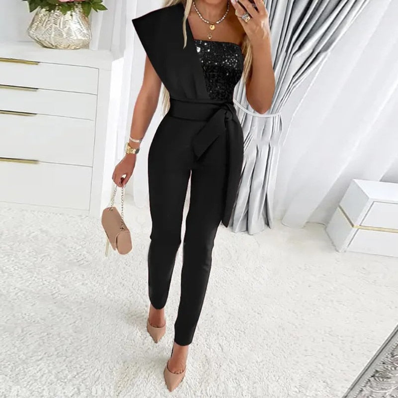 Sequin Patchwork Short Sleeve Slim Bodycon Jumpsuit