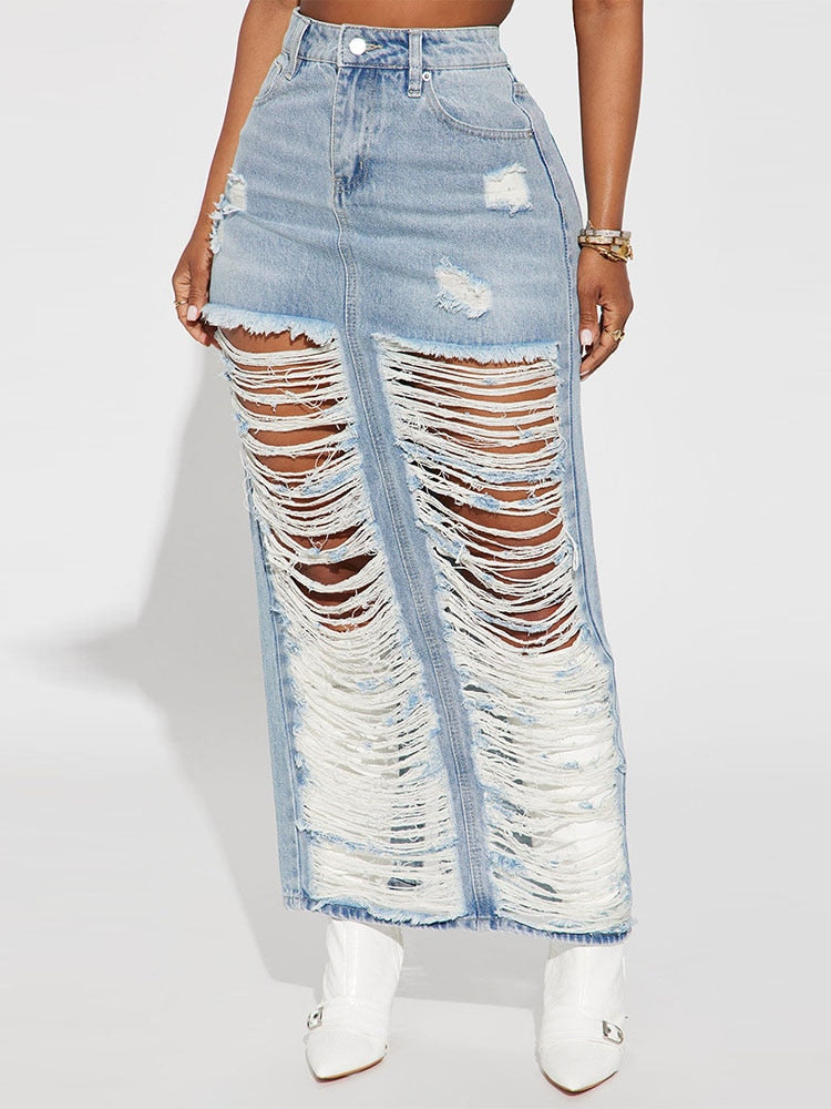 Tassels Ripped Hollow-Out Split Washed Denim Maxi Skirt