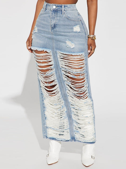 Tassels Ripped Hollow-Out Split Washed Denim Maxi Skirt