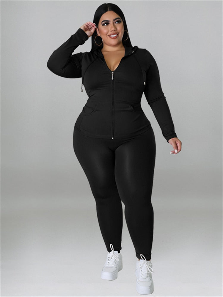 Zipper Hooded Solid Ladies Plus Size Tracksuit to 5X