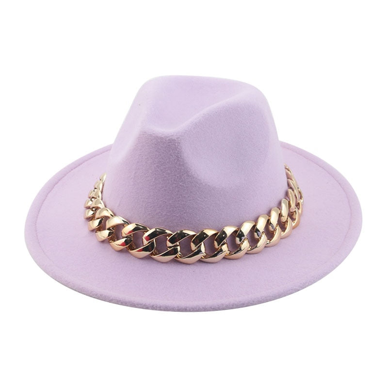 Unisex Gold Chain Design Wide Brim Panama Fedora Hat