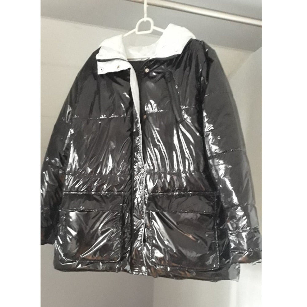 Glossy Metallic Hooded Women's Long Sleeve Zipper Bomber Jacket