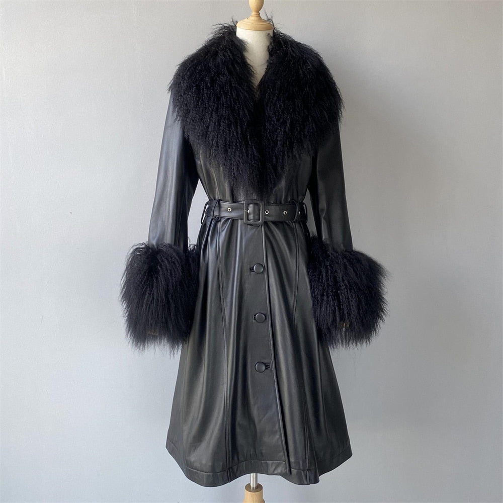 Genuine Leather Ladies Sheepskin w/ Real Fox Fur Collar Trenchcoat