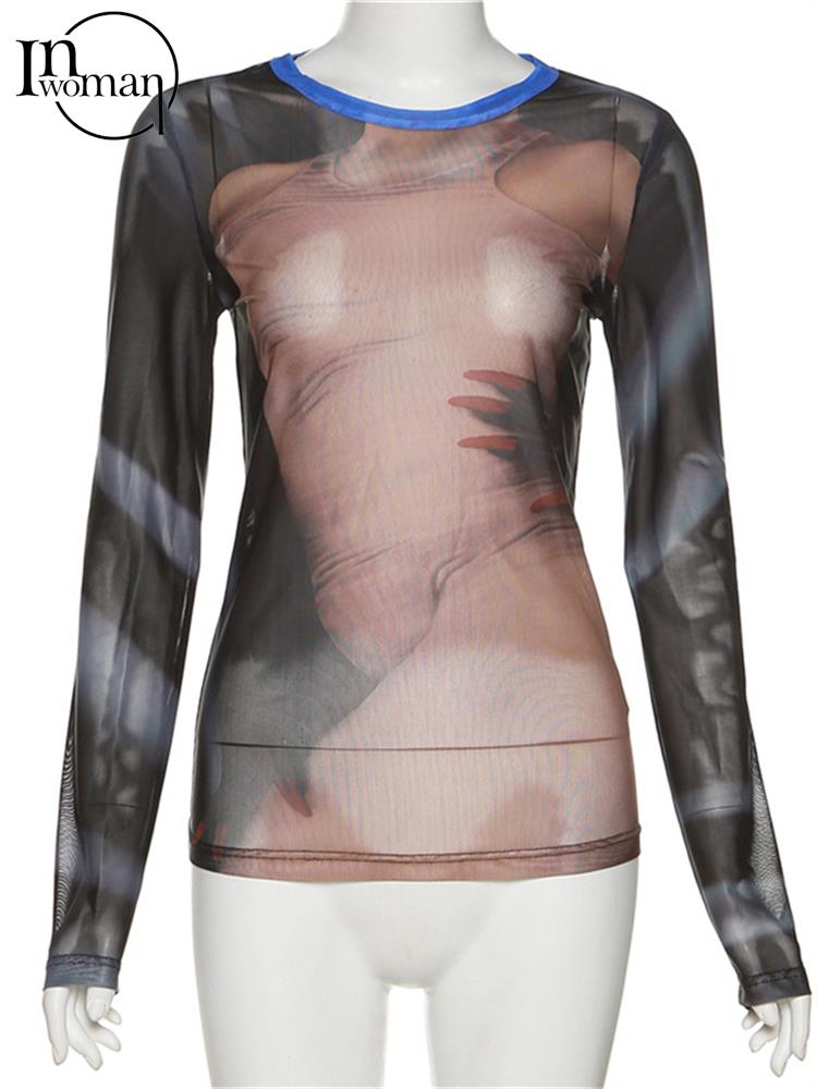 Sexy Mesh Print Long Sleeve O-Neck Top