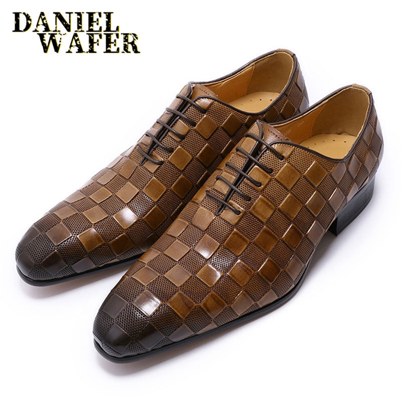 Men's Italian Leather Plaid Print Lace-Up Oxford Dress Shoes