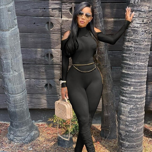 Open Shoulder Bandage Bodycon Long Sleeve Stacked Pant Jumpsuit