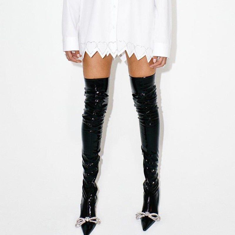 Metallic Leather Pointed Toe Stiletto Heel Thigh High Boots