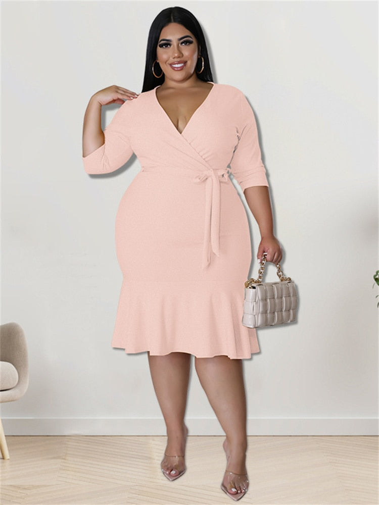 Ruffled Hem Solid Deep V-Neck Bandage Plus Size Midi Dress to 4X