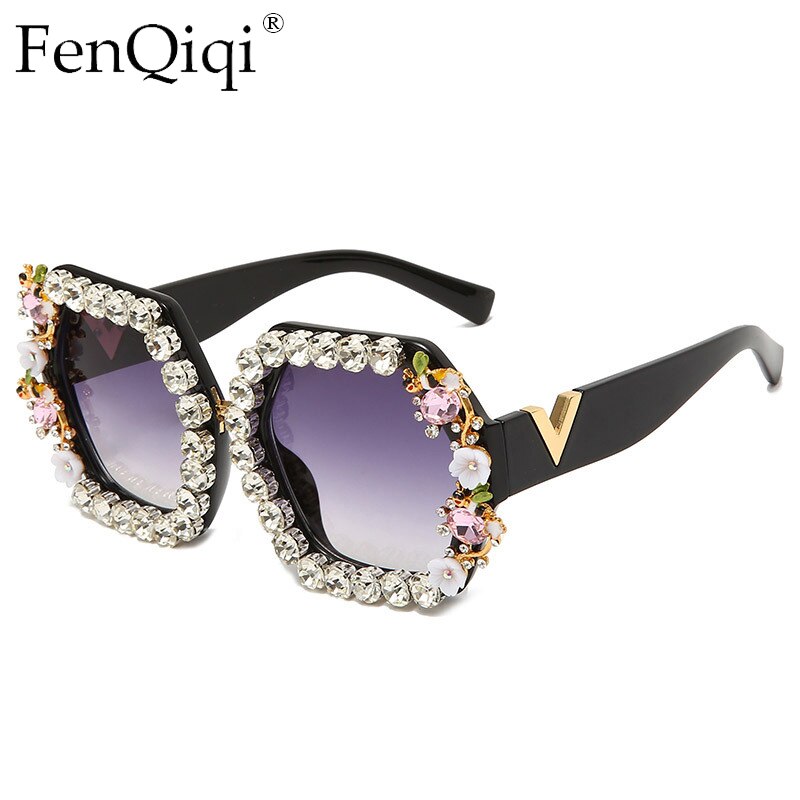 Floral Square Rhinestone Diamond Bling Sunglasses