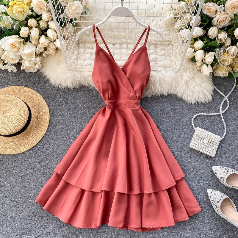 V-Neck Backless Lace Up Ruffles Cakes Solid A-line High Waist Dress