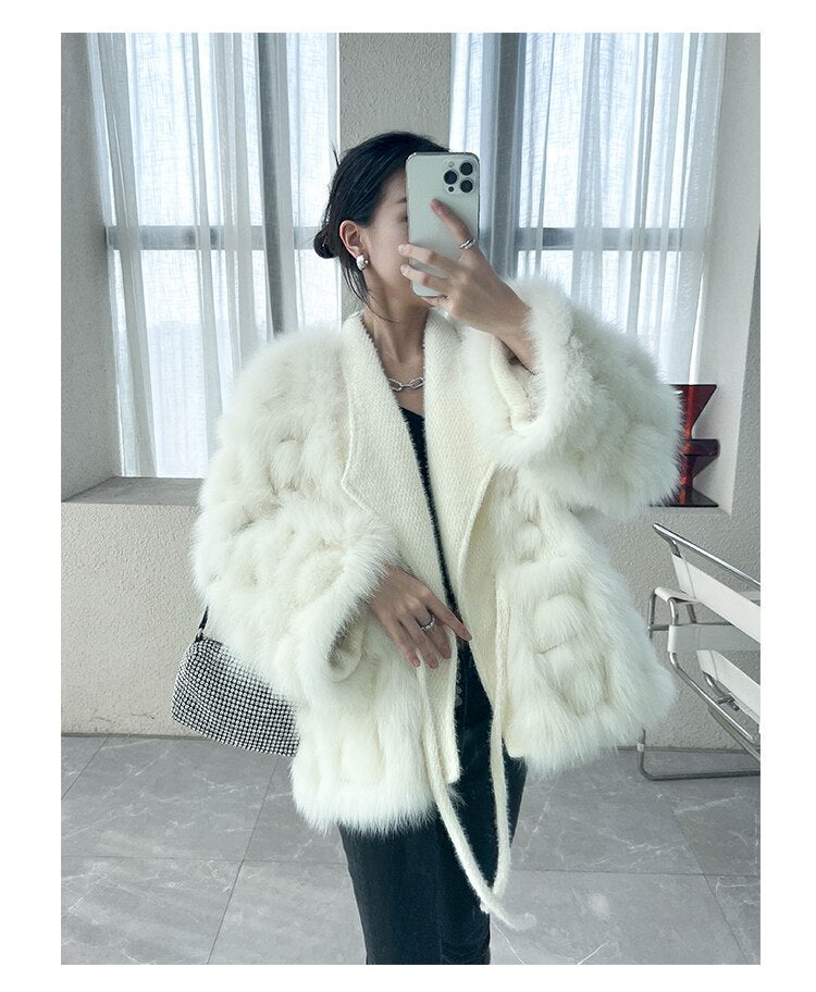 Genuine Fox Fur Ladies Knitted Cardigan Jacket