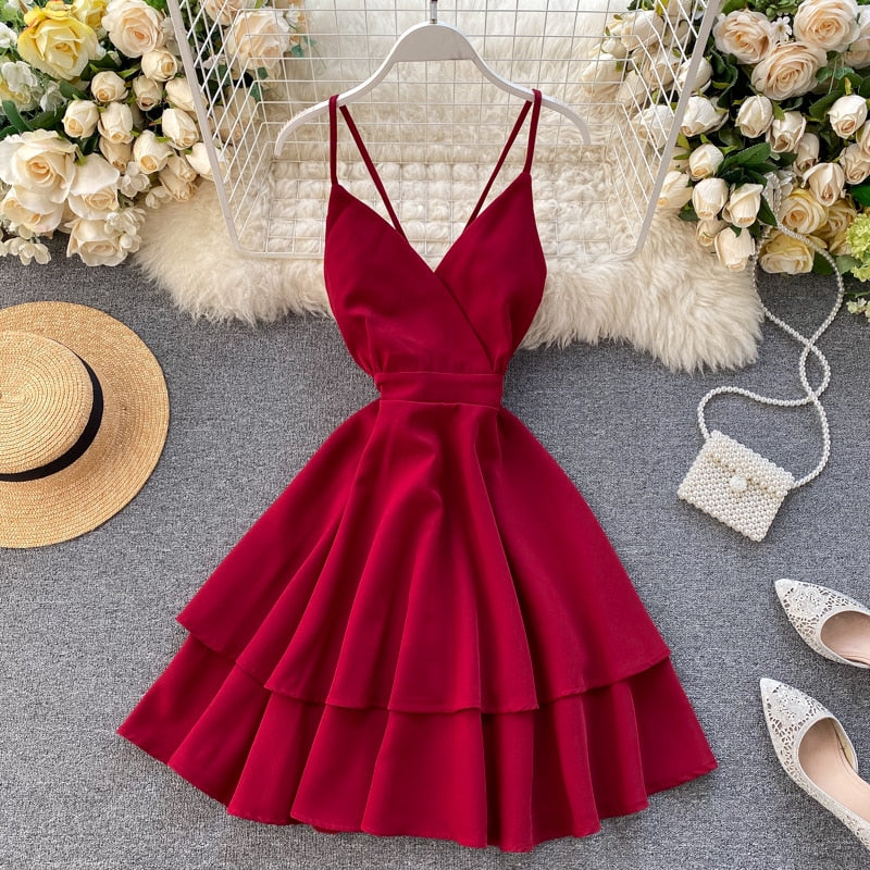 V-Neck Backless Lace Up Ruffles Cakes Solid A-line High Waist Dress