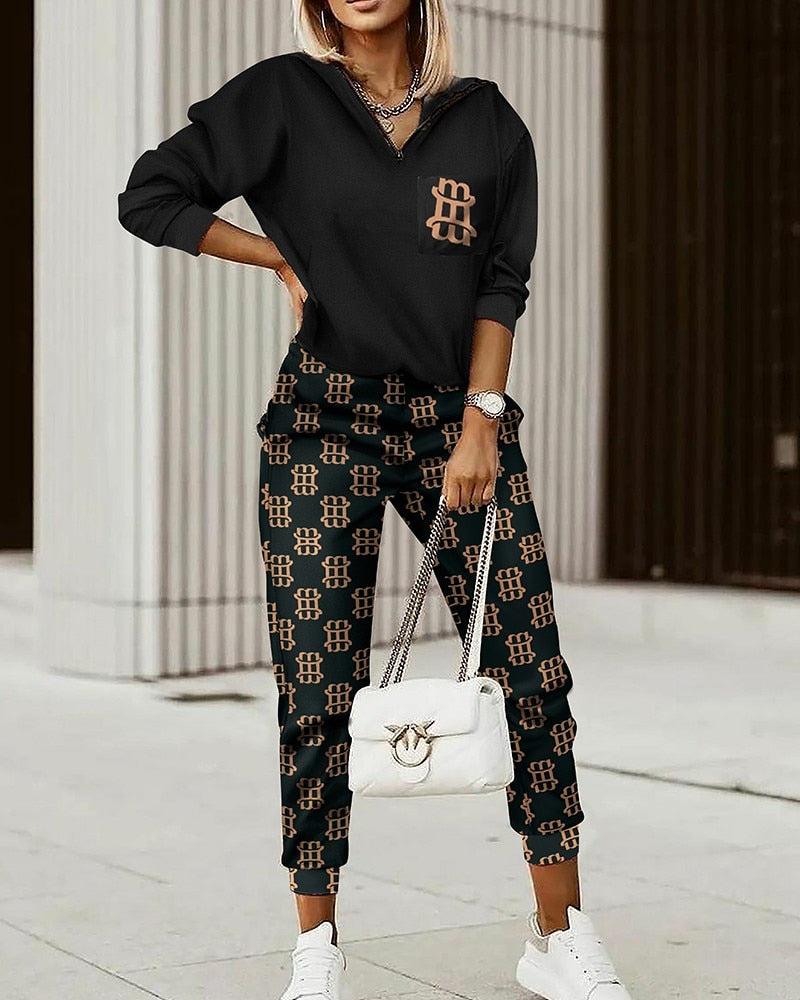 Geometric Printed Letter Long Sleeve Top & Pants 2-Piece Set