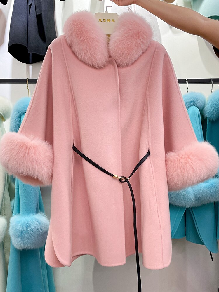 Wool Double-Sided Fox Fur Collar Alpaca Fleece Women's Cloak Furry Sleeved 3/4 Length Coat