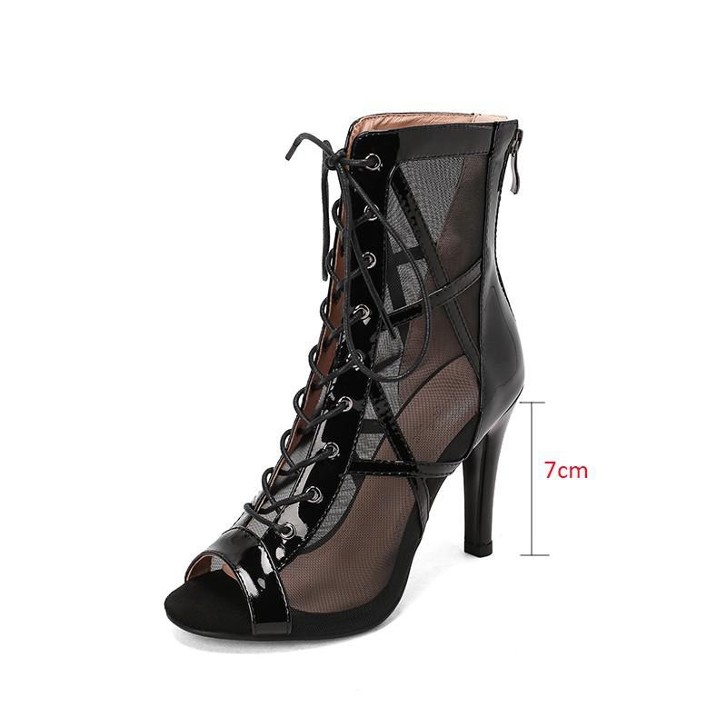 Patent Leather Patchwork Mesh Cross Tie Up Open Toe Ankle Boots