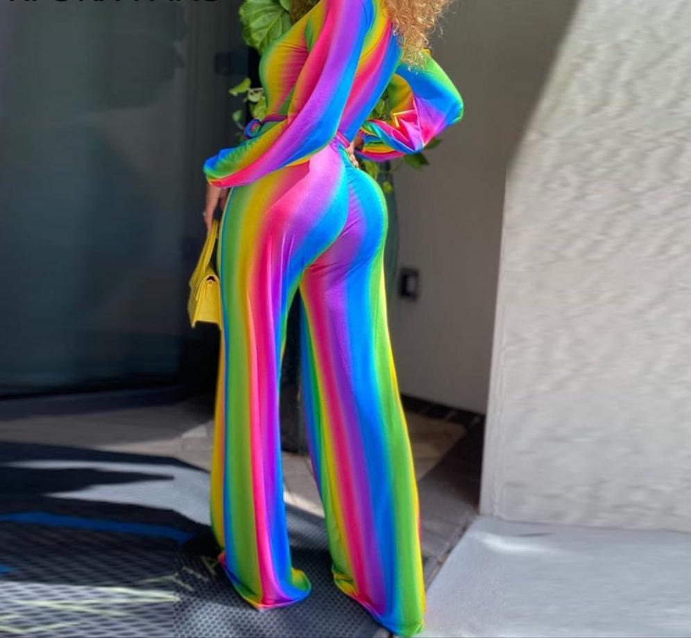 Rainbow Gradient Colorblock Ombre Deep V-Neck Long Sleeve Jumpsuit w/ Sash Belt