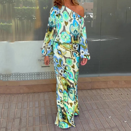 Asymmetrical  Abstract Print Long Lantern Sleeve One Shoulder Blouse + Maxi Skirt 2-Piece Set