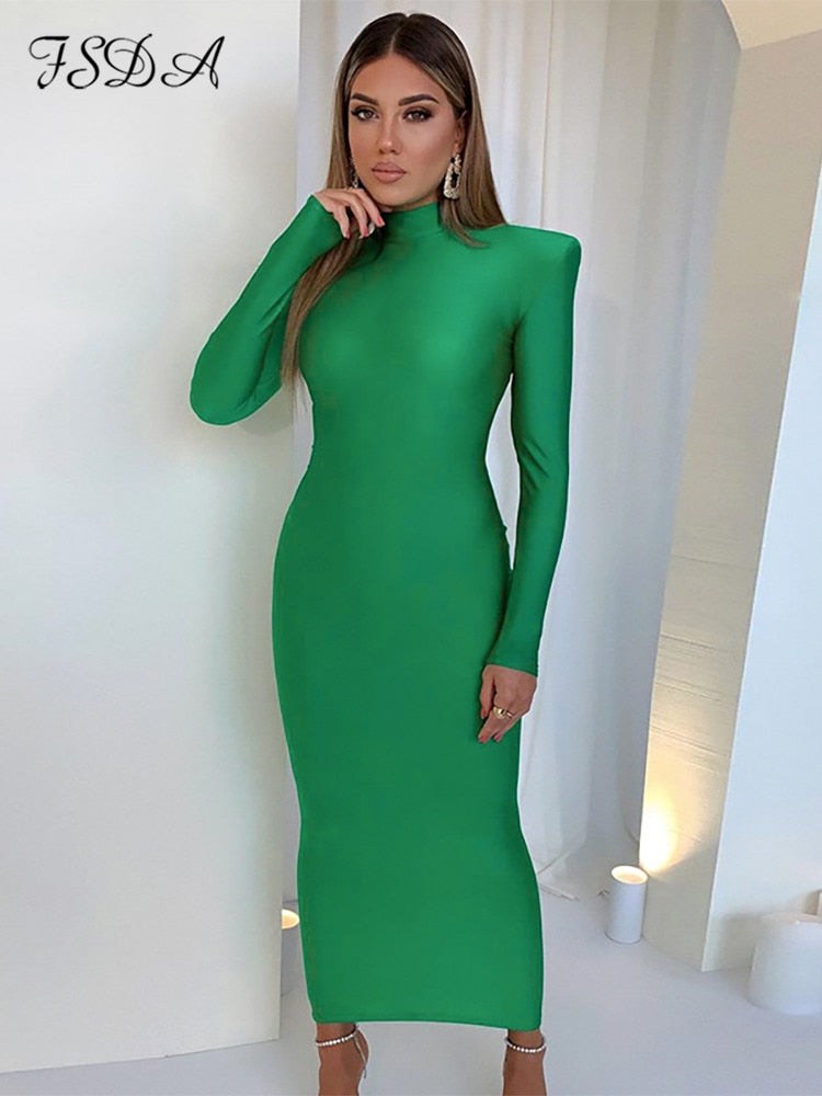 Turtleneck Solid Long Sleeve Bodycon Maxi Dress