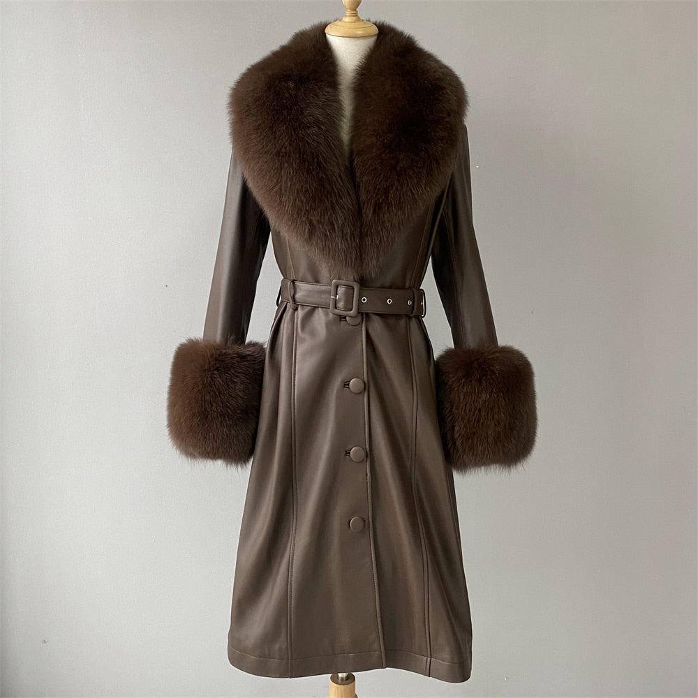 Genuine Leather Ladies Sheepskin w/ Real Fox Fur Collar Trenchcoat