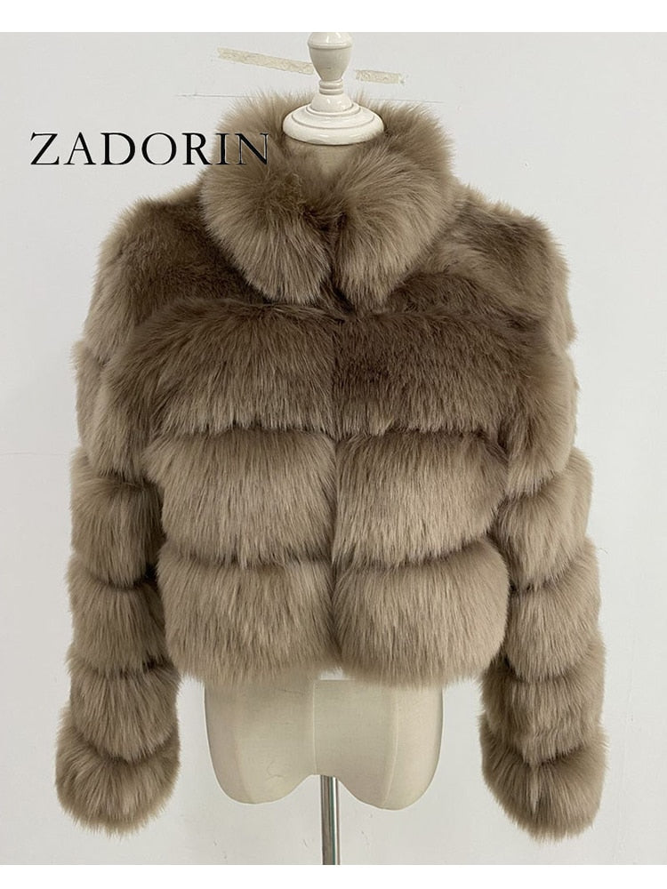 Faux Ladies Cropped Fox Fur Stand Collar Jacket