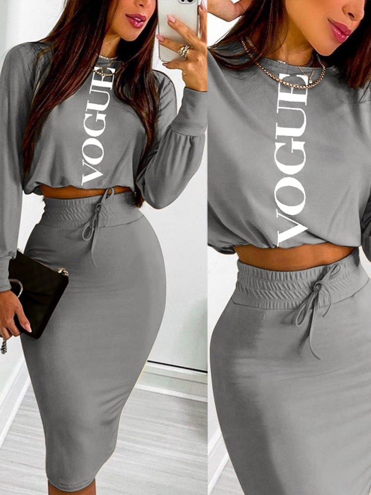 O-Neck Printed Long Sleeve Top & Drawstring Shirred Midi Skirt 2-Piece Set