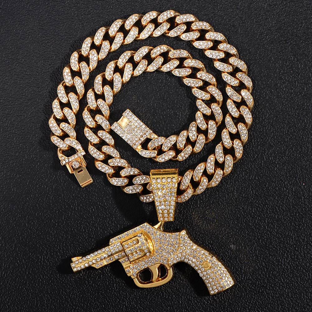 Bling Iced Out Revolver Gun Pendant Necklace With 13mm Crystal Cuban Link Chain Necklace