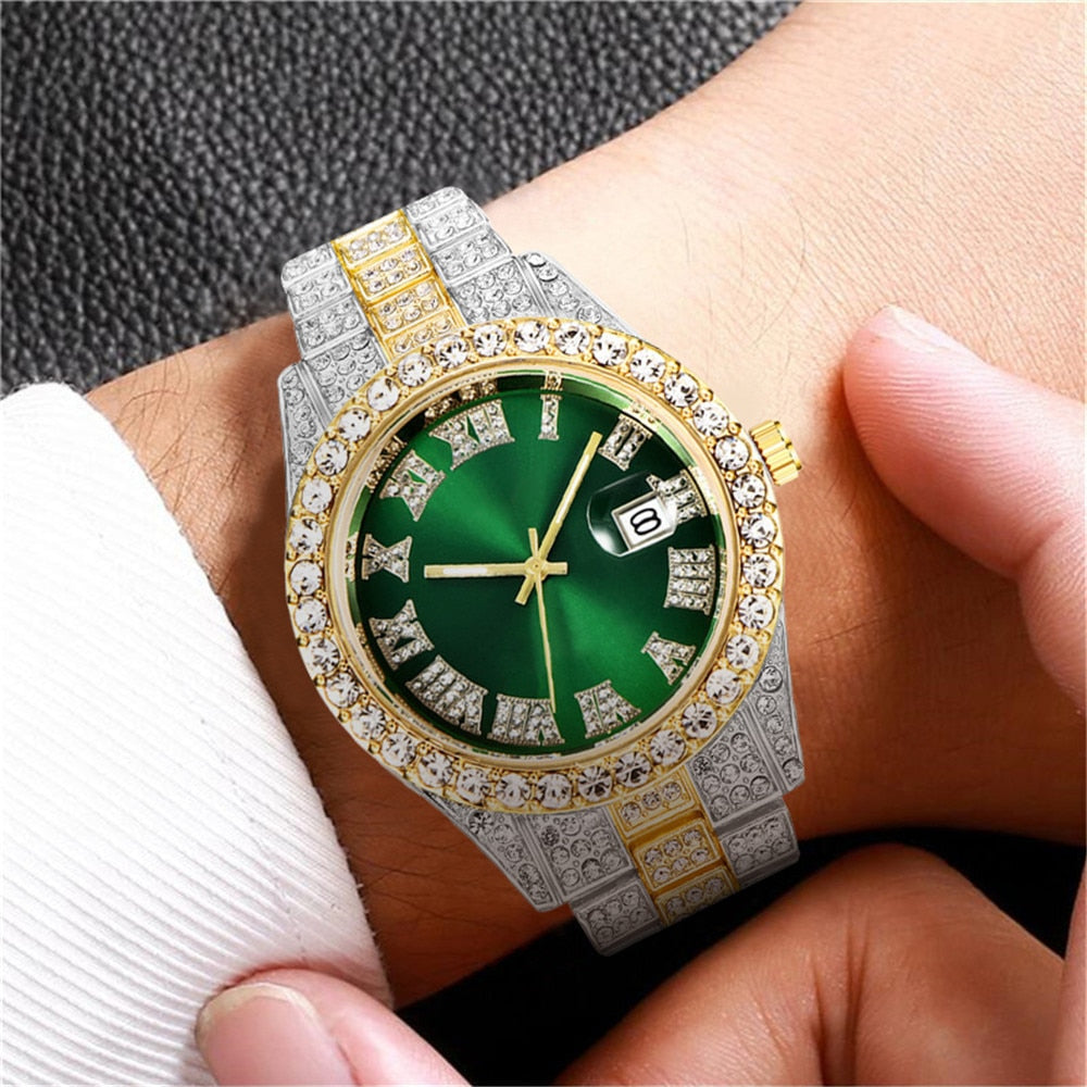 Colored Iced Out Full Diamond Around Luxury Quartz Men's Watches Silve