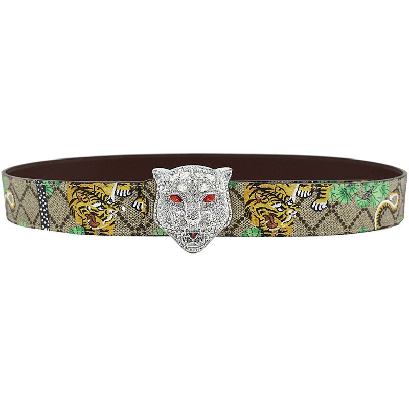 Unisex Gold/Silver Tiger/Dragon/Eagle/Butterfly Pattern Alloy Smooth Buckle Diamond Leopard Head Leather Belts