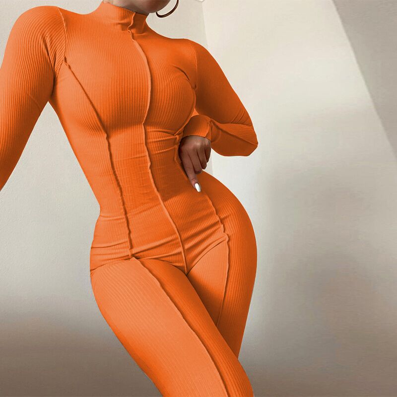 Solid Line Design Long Sleeve Bodycon Ladies Fitness Workout Jumpsuit