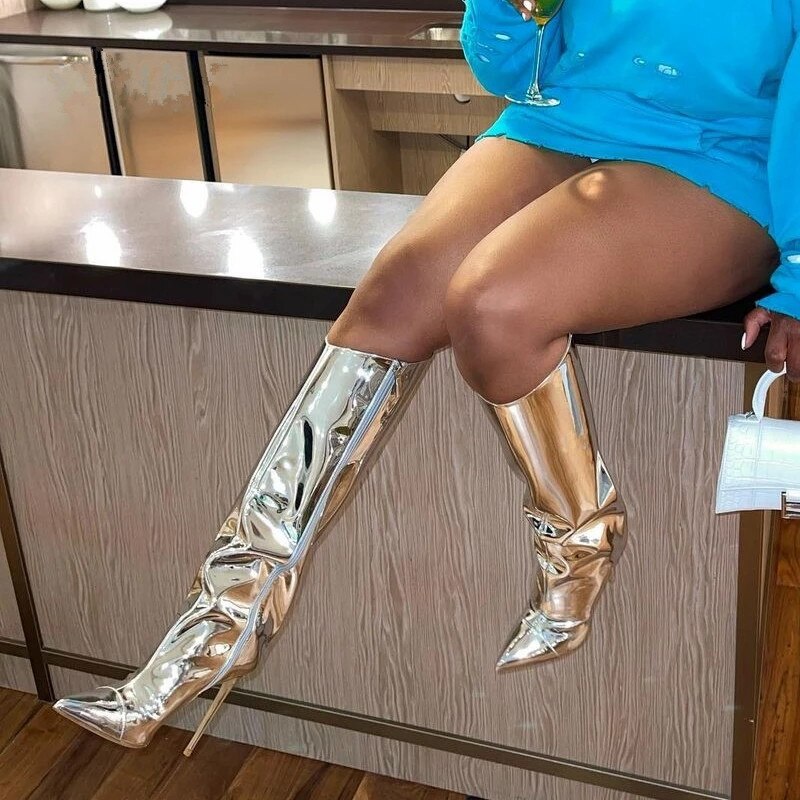 Metallic Leather Pointed Toe Stiletto Heel Thigh High Boots