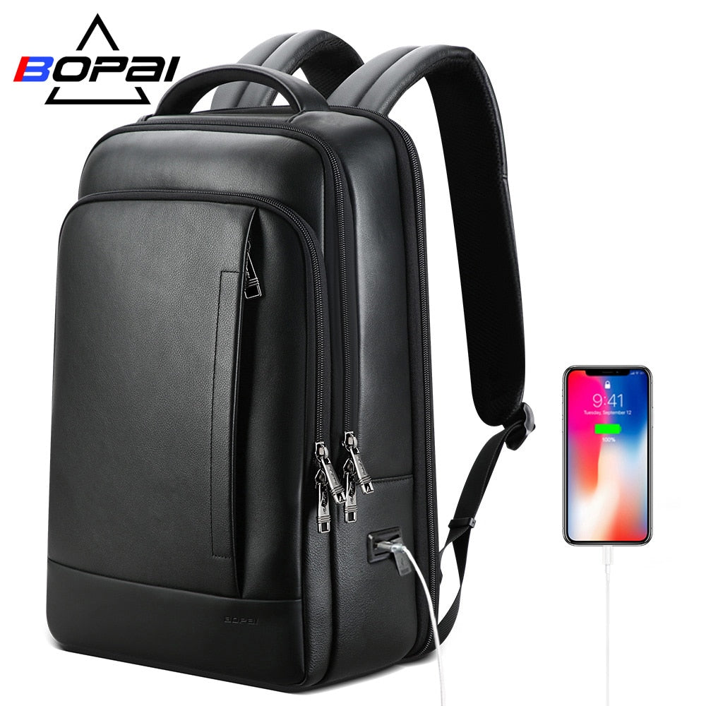 Men's Genuine Leather Waterproof Backpack Black