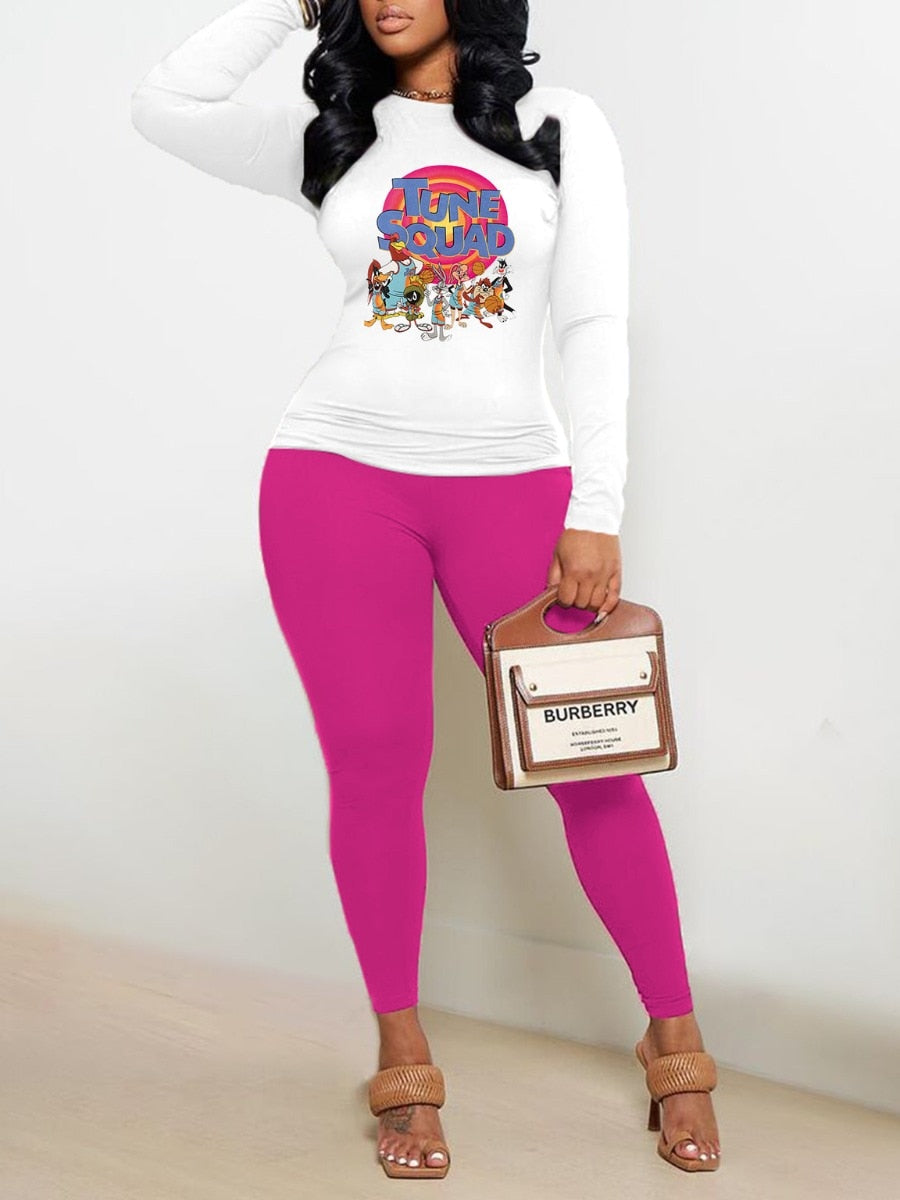 Tune Squad /Heart / IDK IDC IDGAF Printed Long Sleeve Women's O-Neck T-Shirt + Pants 2-Piece Set to 5X Plus Size