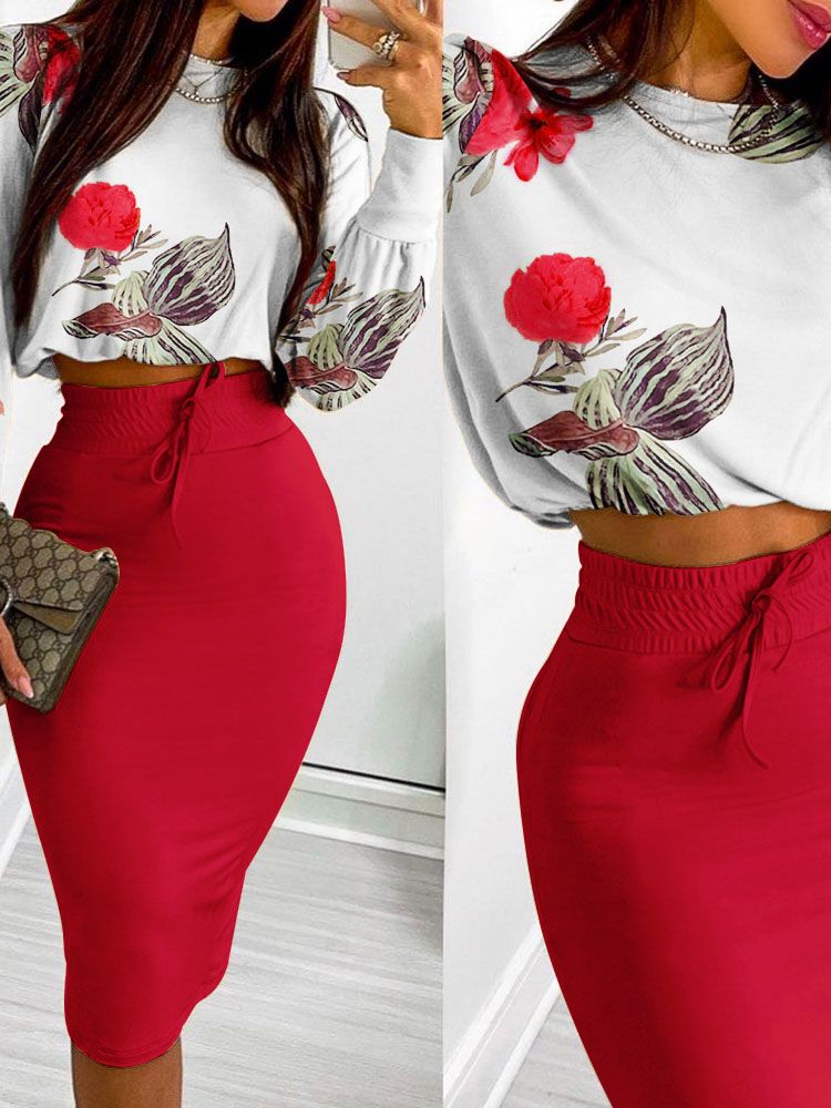 O-Neck Printed Long Sleeve Top & Drawstring Shirred Midi Skirt 2-Piece Set