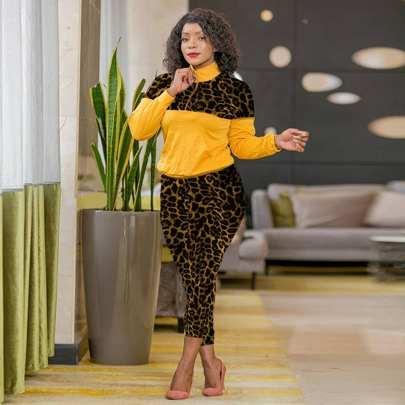 Colorblock/Leopard Print Women's Long Sleeve Zipper Jacket + Leopard Sweatpants Tracksuit to 3X