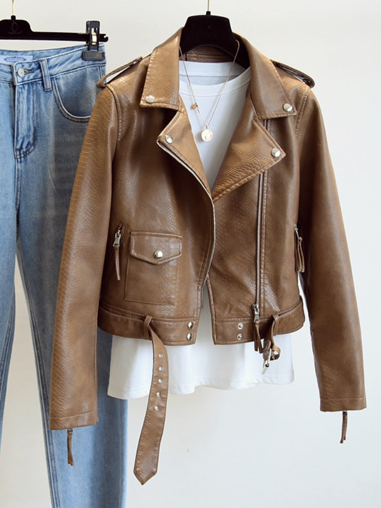 Faux Leather Ladies Biker Jacket w/ Belt