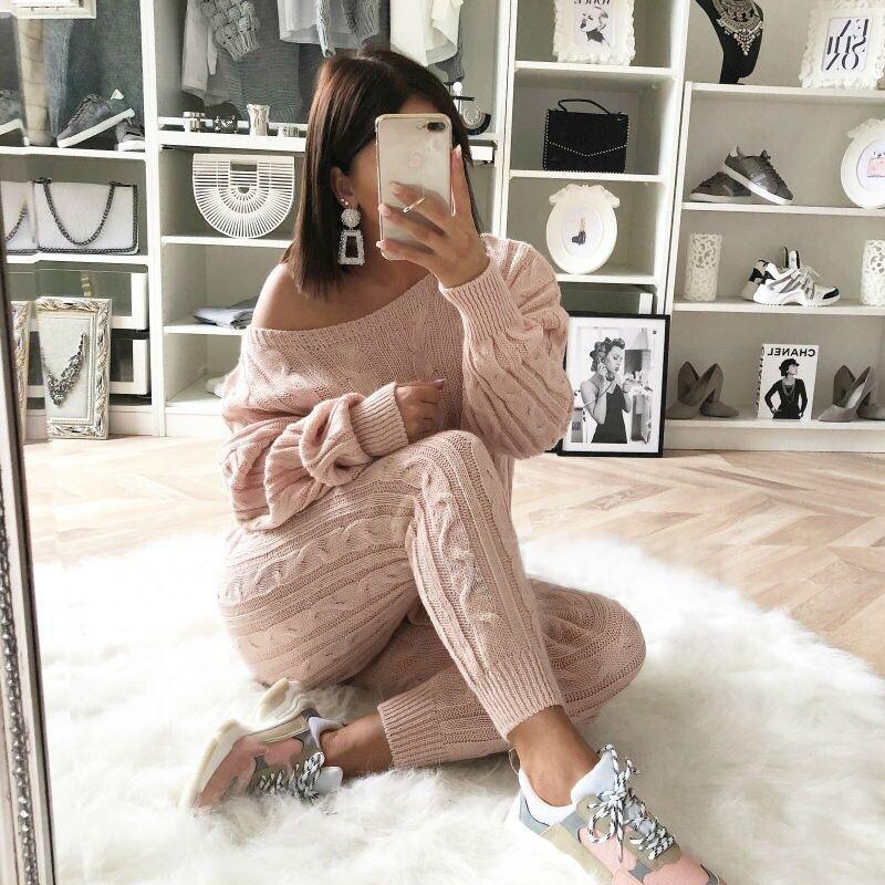 Dropped Shoulder 2-Piece Sweater Set w/ Knitted Pants to 5X