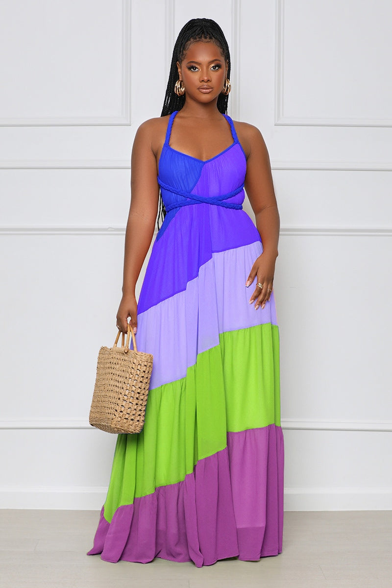 Patchwork Chiffon Halter Neck Backless Big Swing Maxi Dress