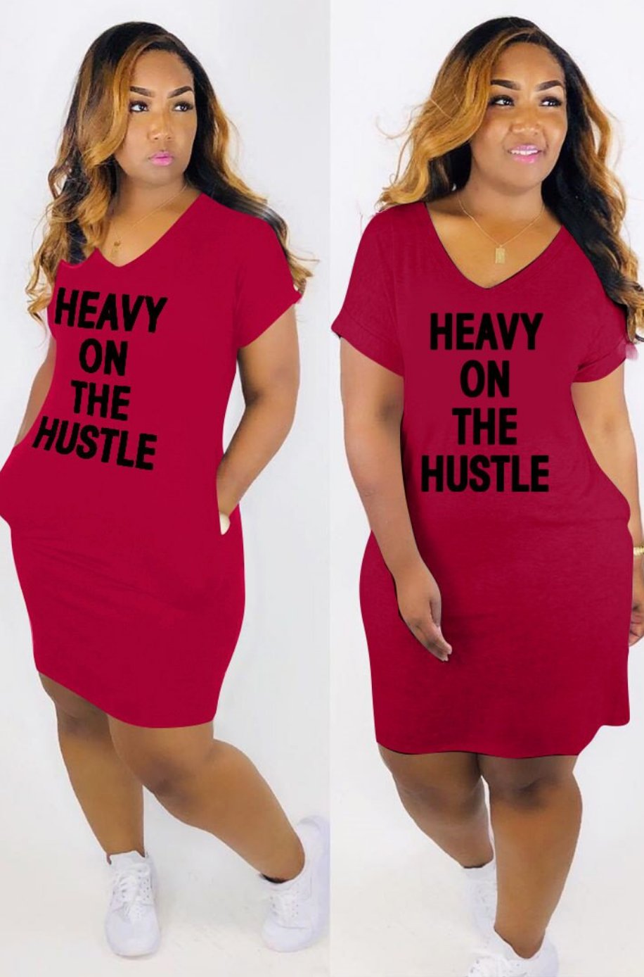 "Heavy On The Hustle" V-Neck Oversized T-Shirt Dress w/ Pockets to 3X Plus Size