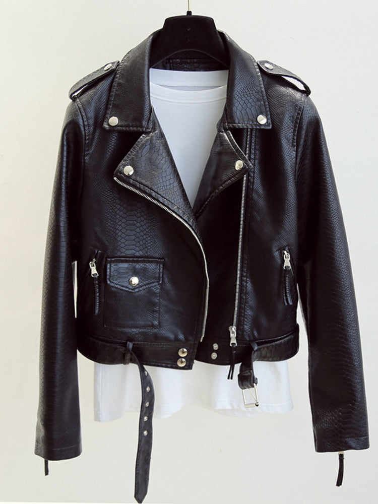 Faux Leather Ladies Biker Jacket w/ Belt