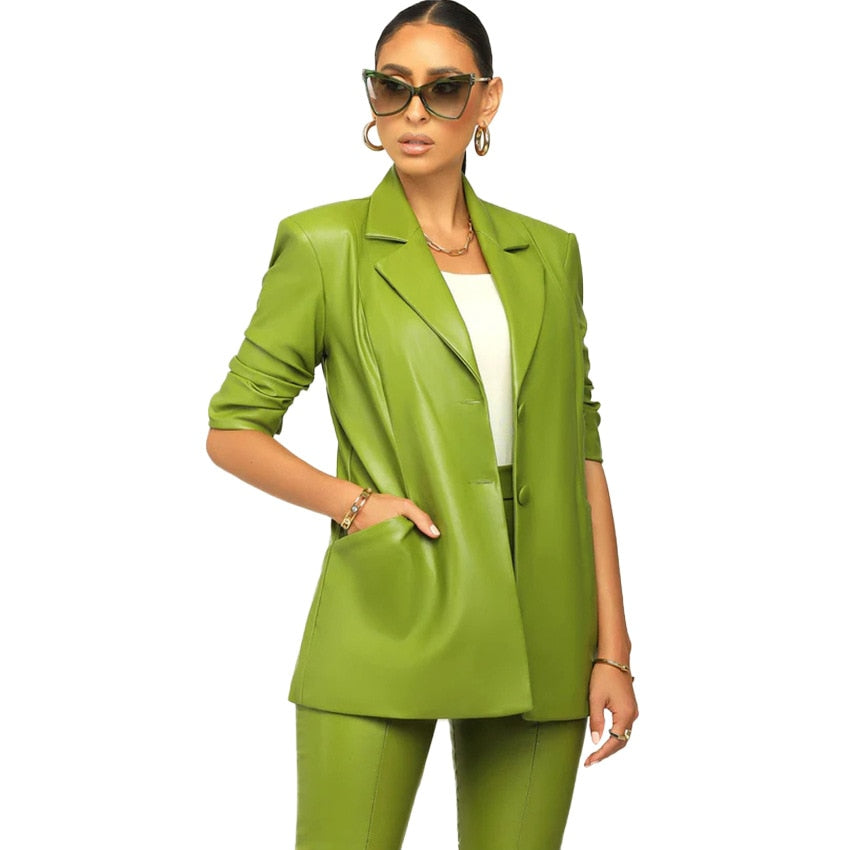 PU Leather Women's Notch Neck Blazer & Pants Office Suit