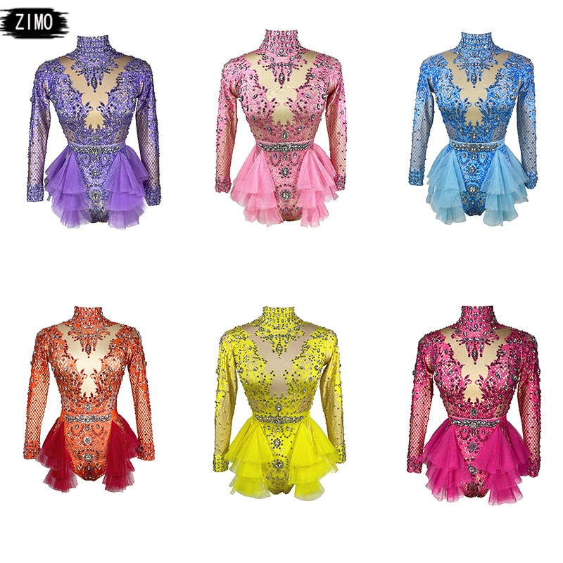 Rhinestone Ruffle Bodysuit Women Big Stretch nightclub Prom Bar concert costume Stage Singer Show dance Leotard