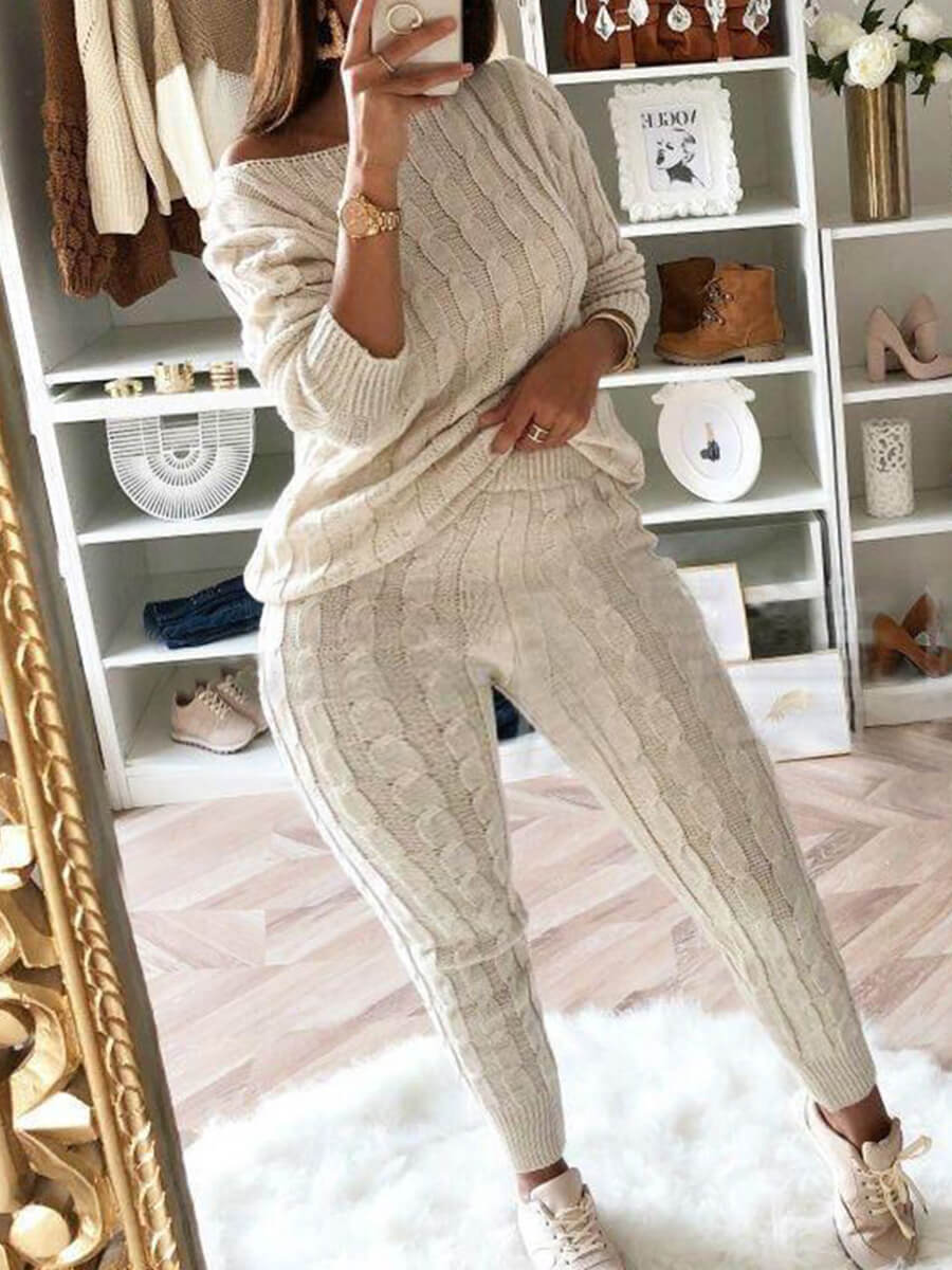 Dropped Shoulder 2-Piece Sweater Set w/ Knitted Pants to 5X