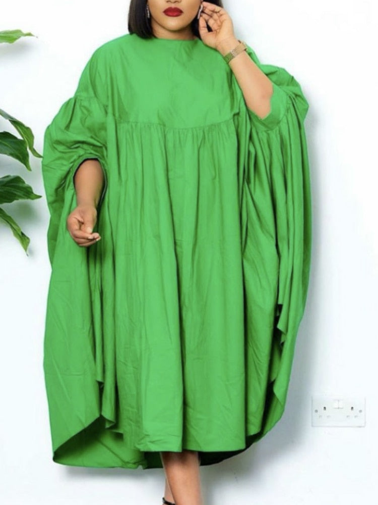 Solid Oversized Loose Long Sleeve O-Neck  Pleated Baggy Robe Dress-ONE SIZE