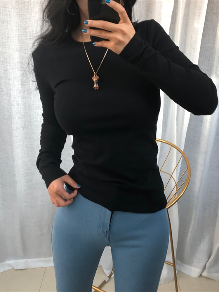 Solid Knitted Women's Long Sleeve Solid Color Square Shoulder T-Shirt