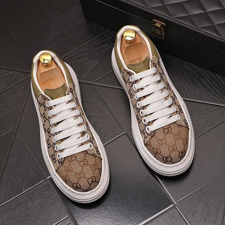 Men's Designer Cloth Monogram Brown/Tan Canvas Lace Up Sneakers