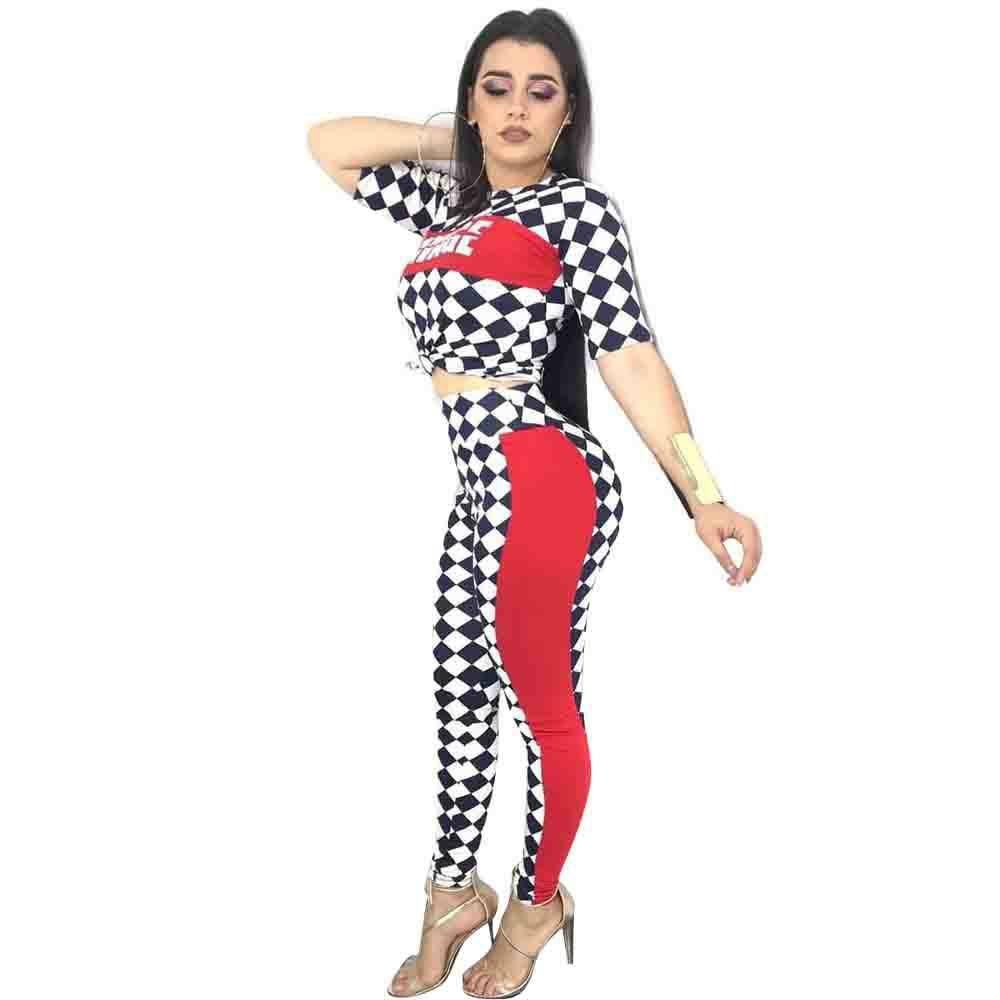 "Savage" Checkered Patchwork Crop Top + Pants Matching 2-Piece Set