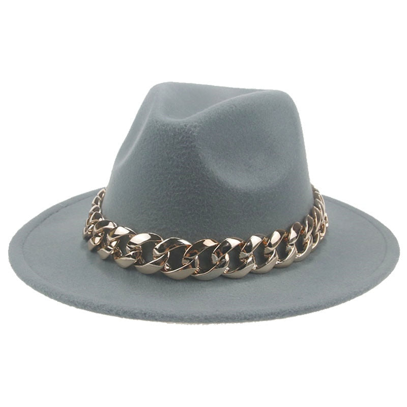 Unisex Gold Chain Design Wide Brim Panama Fedora Hat