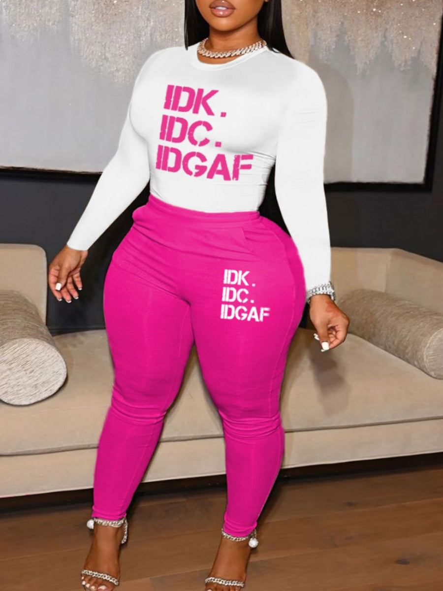 Tune Squad /Heart / IDK IDC IDGAF Printed Long Sleeve Women's O-Neck T-Shirt + Pants 2-Piece Set to 5X Plus Size