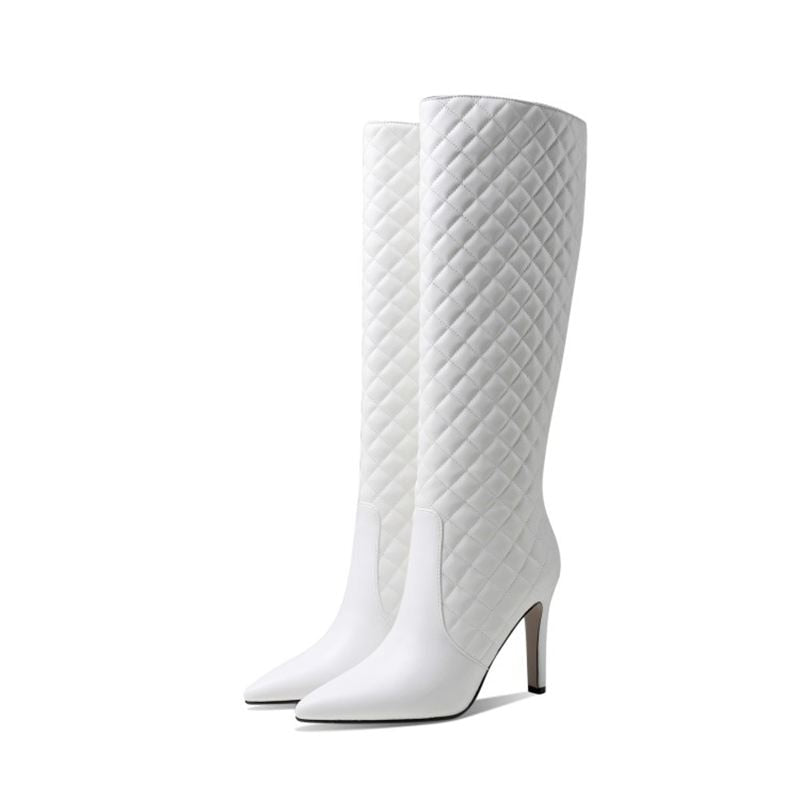 Quilted Genuine Leather Low Square Heel Knee High Boots